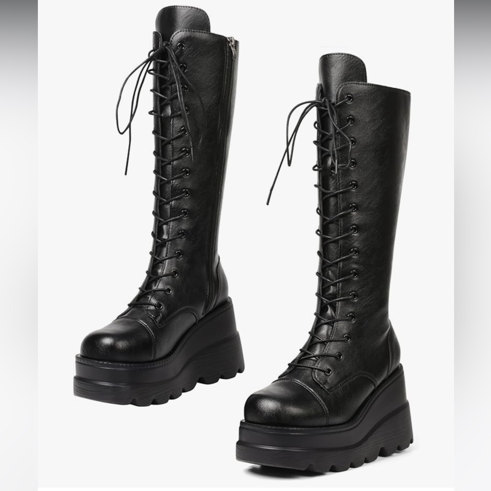 CELNEPHO Chunky Platform Wedge Lace Up Black Round Toe Boots